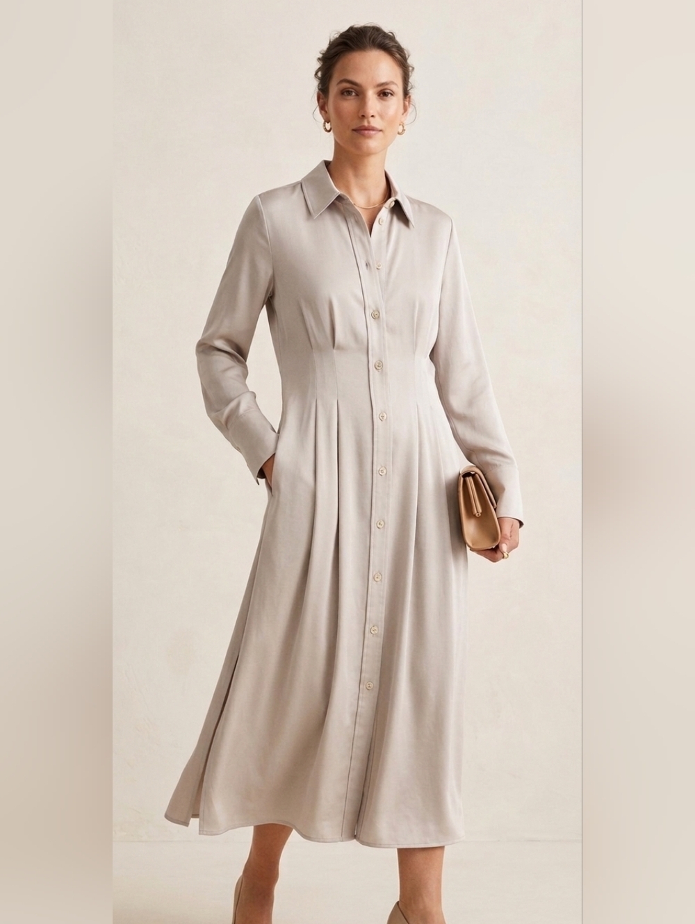 H&M Beige Button-Front Maxi Shirt Dress